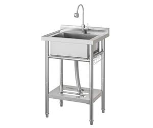 Garvee Évier utilitaire sur pied en acier inoxydable 304 - Cuve singulier, robinet mitigeur orientable, étagère et crochets S - Hauteur réglable, tuyaux eau chaude/froide - Pour cuisine, buanderie