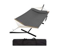 Garvee Hamac Double 365cm avec Support en Acier, Sac de Transport Inclus | Hamac sur pied en Tissu Polyester anti-UV, Capacité 200 kg, avec Coussin Amovible et Poche Latérale, Idéal Jardin, Terrasse
