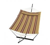 Garvee Hamac Double avec Support et Coussin Capacité 204 kg, Rouge et Jaune | Hamac sur pied en Tissu Polyester-Coton, Corde d'équilibre, Montage Facile, Idéal Jardin, Terrasse, Plage ou Piscine
