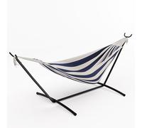 Garvee Hamac Double Robuste pour 2 Personnes avec Support en Acier - Lit brésilien en Coton - Capacité 450 LB - Portable avec Sac de Transport - Idéal Jardin, Camping, terrasse - Rayé Bleu et Blanc