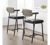 Garvee Lot De 1 Tabourets De Bar avec Dossier Et Accoudoirs, Hauteur Comptoir, Assise Large Et Rembourrée, Piétement Métal Et Repose-Pieds, pour Îlot De Cuisine Et Bar, Noir Rustique