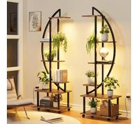 Garvee Lot de 2 Étagères Plantes d'Intérieur 6 Niveaux avec Roulettes Réglables, Support Demi-Lune en Métal et Bois, Meuble à Fleurs d'angle Haut 175 cm avec Crochets pour Salon, Jardin, Balcon