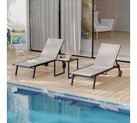 Garvee Lot de 3 chaises Longues de Jardin avec Table d’appoint - Dossier réglable 5 Positions, roulettes Pratiques, Assise textilène rembourrée - pour Piscine, terrasse, Jardin ou Plage - Marron