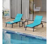Garvee Lot de 3 chaises Longues de Jardin avec Table d’appoint - Dossier réglable, roulettes intégrées, Assise Confortable - Idéal pour Piscine, terrasse, ou Jardin - Coloris Bleu