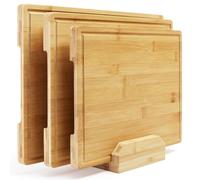 Garvee Lot de 3 planches à découper en bambou carbonisé avec support - Rainure à jus - Poignées latérales - Multi-tailles - Pour cuisine, boucher & service apéro/plateau de planche à découper