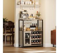 Garvee Meuble Bar à Vin à 3 Niveaux - Étagères Réglables, Porte-Verres, Porte Grillagée avec Cloisons, Petit Buffet Industriel pour Salon, Cuisine Et Bar - Bande LED