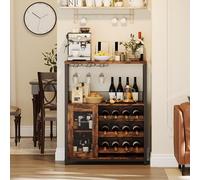 Garvee Meuble Bar à Vin à 3 Niveaux - Étagères Réglables, Porte-Verres, Porte Grillagée avec Cloisons, Petit Buffet Industriel pour Salon, Cuisine Et Bar - Bande LED