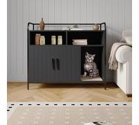 Garvee Meuble de litière caché pour Chat avec Structure en métal - Étagère de Rangement, Porte Style Grange et Ventilation - Compatible avec la Plupart des caisses - Noir - 95 x 45 x 82 cm