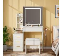 Garvee Miroir coulissant avec éclairage réglable à 3 niveaux, tabouret, prise de courant, support pour sèche-cheveux et armoire de rangement avec étagères ouvertes et quatre tiroirs, parfait pour le