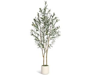 Garvee Olivier Artificiel 150 cm, Arbre Faux avec Tronc Naturel et Fruits réalistes, Pot Blanc Imitation Céramique et Mousse Verte pour Décoration Intérieure, Salon Moderne, Bureau, Maison