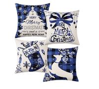Garvee Pack de 4 Housses de Coussin décoratives de Noël - Motifs Carreaux Buffalo, Sapin, cerf, Bas et Cloche - Lin synthétique résistant - Parfait pour Salon et canapé Style Rustique