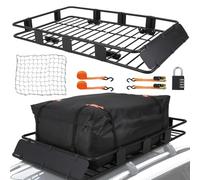 Garvee Panier de Toit Extensible Universel en Acier Robuste 163x99x38cm 91kg - Sac Cargo étanche verrouillable, Filet, Sangles à cliquet, déflecteur de Vent - pour Voiture/SUV/Camion - Couleur : Noir
