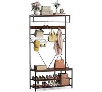 Garvee Porte-Manteau avec Banc à Chaussures, Vestiaire d'Entrée avec Étagère Réglable, Meuble d'Entrée en Bois, 100 × 37 × 185 cm, pour Entrée, Couloir, Chambre (Brun)