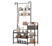 Garvee Porte-Manteau avec Étagère à Chaussures, 5 en 1 Meuble d’Entrée avec Banc, 8 Crochets, Tiroir de Rangement, Industriel pour Chambre Marron Rustique 88x30x176 cm