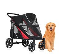 Garvee Poussette pour chiens extra-larges robuste - Pliage à une main - Roues tout-terrain 28cm avec suspension, Double entrée, Matelas amovible, Panier de rangement, Noir & rouille vif, 112x65x100cm