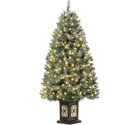 Garvee Sapin de Noël Artificiel de 145 cm avec 300 LED, Sapin de Noël Éclairage Blanc Chaud 8 Modes, Cadre en Métal Pliable et Support (Noir pot1)