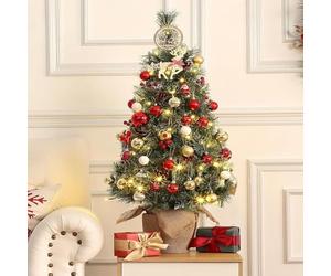 Garvee Sapin de Noël Artificiel Mini Pré-éclairé 60cm, Lumières LED avec Base en Toile de Jute, Pommes de Pin et Baies Rouges, Décoration de Table Noël sans Allergie