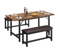 Garvee Set de Salle à Manger Extensible pour 4 à 6 Personnes - Table à Manger Allongable avec 2 Bancs Rembourrés - Cadre Métal Robuste - Idéal pour Appartement ou Petite Pièce - Brun Rustique