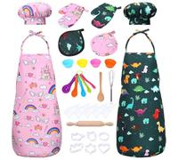 Garvee Set gioco di ruolo cucina per bambini - Grembiule rosa e verde, cappello da chef, accessori inclusi - Costume educativo lavabile per travestimenti e creatività - 2 pezzi