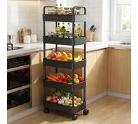 Garvee Slim 5-Tier Rolling Storage Trolley Cart with Handle - Narrow Plastic Utility Shelf Unit - Space-Saving Mobile Organizer for Kitchen, Bathroom, Laundry, or Bedroom - 41x21x121cm - Black