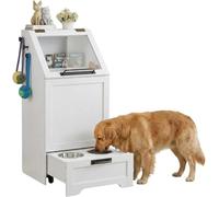 Garvee Station de nourriture pour chien avec meuble pour croquettes | Couvercle Ribaltare-Top - 2 bols surélevés - Organiseur caché avec crochets pour accessoires - Design moderne - Blanc