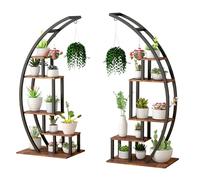Garvee Support à 5 étagères en métal et Bois, avec Crochets, adapté à l'intérieur, extérieur, Balcon et Salon, Permet d'accueillir des Plantes ou Autres, Peu encombrant