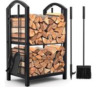 Garvee Support à bûches extensionérieur/intérieur en acier noir - Lot de 5 outils de cheminée - Porte-bois solide pour cheminée, poêle à bois, brasero, jardin ou terrasse - Housse imperméable incluse