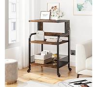 Garvee Support d’Imprimante avec étagère De Rangement, Chariot De Bureau Roulant à 3 Étages, Prises Électriques Et USB Intégrées, Organisation Et Présentation pour Espaces Restreints, Marron