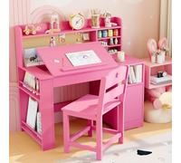 Garvee Table avec Chaise pour Enfant Ensemble 2 Pièces, Bureau d'étude avec Étagère et Plateau Inclinable, Table en Bois pour Enfants 3 à 8 Ans