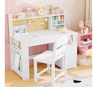 Garvee Table avec Chaise pour Enfant Ensemble 2 Pièces, Bureau d'étude avec Étagère et Plateau Inclinable, Table en Bois pour Enfants 3 à 8 Ans (Blanc)
