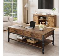Garvee Table Basse 104 cm en Bois Rustique avec 2 Tiroirs De Rangement Et étagère, Cadre en Métal Robuste, Style Rétro pour Salon, Bureau