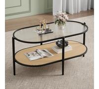 Garvee Table Basse Bohème en Rotin avec Plateau en Verre, Table Centrale Ovale à 2 Niveaux avec Structure en Métal Et étagère De Rangement, Table d'Appoint Rustique.