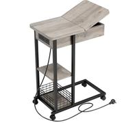 Garvee Table Basse d’appoint en Forme de C avec Station de coût, Ports USB, Prises, 3 étagères de Rangement - Parfaite pour Petits espaces, Salon ou Chambre - Plateau Rabattable, Gris - Câble US