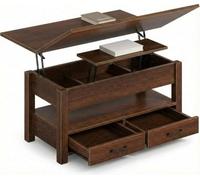 Garvee Table Basse Réglable en Hauteur, Vérin à Gaz Double - 2 Tiroirs + Compartiment Secret - Polyvalente : Salon, Bureau, Table à Manger - Stable, Facile d’Entretien, Noyer