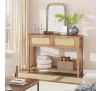 Garvee Table Console à 2 Niveaux, Meuble d’Entrée, Table d'appoint avec 2 Tiroirs en Rotin et Étagère de Rangement, pour Couloir Chambre Salon