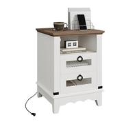 Garvee Table de Chevet 45 cm Farmhouse avec Station de Charge, 2 Tiroirs et 2 Prises USB, Table de Nuit Rustique en Bois, Table Basse pour Chambre, Salon - Blanc et Marron