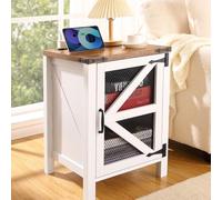 Garvee Table de Chevet avec Station de Recharge, Table d'appoint Style Ferme 45,7 cm avec Porte coulissante, Table d'appoint Rustique en Bois avec Rangement pour Chambre ou Salon (Blanc et Marron)