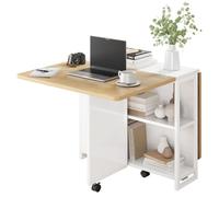 Garvee Table De Cuisine Pliante sur roulettes, Table à Manger pour 4 à 6 Personnes avec 2 Plateaux Et 2 étagères Intégrées, Table en Bois Gain De Place pour Petits Espaces Et Salons,127 x 80 x 75 Cm