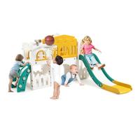 Garvee Toboggan pour Enfant 8 en 1, Ensemble Toboggan avec Espace de Cache-Cache, Échelle d'escalade, Panier de Basket, Télescope et Tunnel de Jeu pour Enfants Aire de Jeux (Orange et Vert)