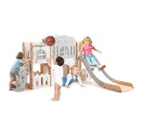 Garvee Toboggan pour Enfant 8 en 1, Ensemble Toboggan avec Espace de Cache-Cache, Échelle d'escalade, Panier de Basket, Télescope et Tunnel de Jeu pour Enfants Aire de Jeux (Rose et Gris)
