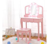 Garvee Vanité pour enfants avec miroir éclairé, coiffeuse et tabouret, maquillage pour enfants avec miroir à trois volets, tiroir et grille de rangement pour filles de 3 à 9 ans, rose