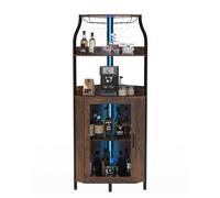 Garvee Vitrine à vin courbée en MDF avec 4 étagères - Porte vitrée et éclairage LED - Meuble Bar indépendant Moderne pour Salon - Rangement Bouteilles et Verres - Facile à Nettoyer - Marron