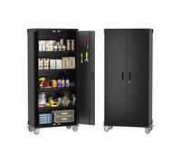 GarveeHome Armoire de Rangement en métal avec roulettes - 183 cm, 4 étagères réglables, Panneau perforé, capacité 272 kg, Serrure magnétique - Placard Robuste verrouillable Noir