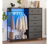 GarveeHome Armoire Dressing Chambre Adulte - 6 Tiroirs, avec Eclairage LED Et Station De Charge, Cadre en Fer Robuste Et Surface en Bois, Penderie Vêtement Dressing, 49.2 x 15.8 x 47.2 Pouces, Noir