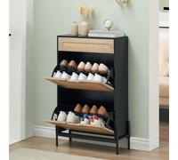 GarveeHome Armoires à Chaussures Banc Range-Chaussures 2 en 1 en Bois Massif - 2 Casiers + 2 Tiroirs - Pieds Métal Noir Stabilisés (61x24x102 cm) - Gain de Place pour Entrée & Couloir Étroit