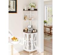 GarveeHome Buffet à vin d’Angle 5 Niveaux avec éclairage LED, étagères Ajustables, Porte-Verres - Rangement 12 Bouteilles, métal et Bois Industriel, pour Salon, Cuisine, Salle à Manger, Blanc + chêne