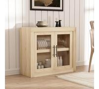 GarveeHome Buffet Bas mi-siècle Moderne - Meuble de Rangement pour Salle à Manger, Cuisine, Salon ou entrée -Couleur Bois, 2 Portes vitrées