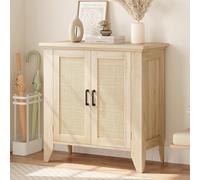 GarveeHome Buffet Boho en Rotin et Chêne Naturel avec Étagères Réglables - Meuble d'Entrée à 2 Portes pour Salon, Salle à Manger ou Couloir (Lot de 2)