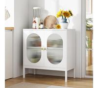GarveeHome Buffet Commode avec 2 portes en verre et bois, étagères réglables, pieds en métal, 80 cm de large, buffet buffet armoire de rangement pour couloir, entrée, salon, cuisine-A