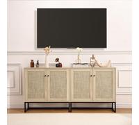 GarveeHome Buffet d'entrée en rotin Naturel - Armoire Console Polyvalente de Rangement - Portes et rangements Fonctionnels, schêne Clair + Noir